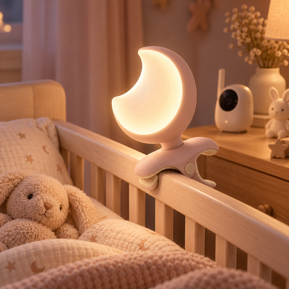 Clip-On Crescent Moon Night Light – Portable Soft Glow Nursery Lamp