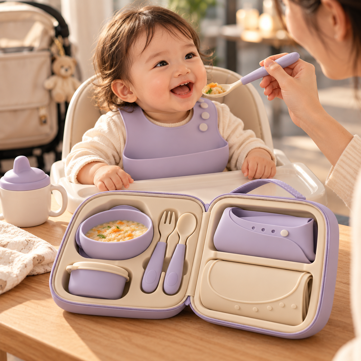 Portable Baby Feeding Travel Kit – All-in-One Mealtime Set with Zippered Carry Case