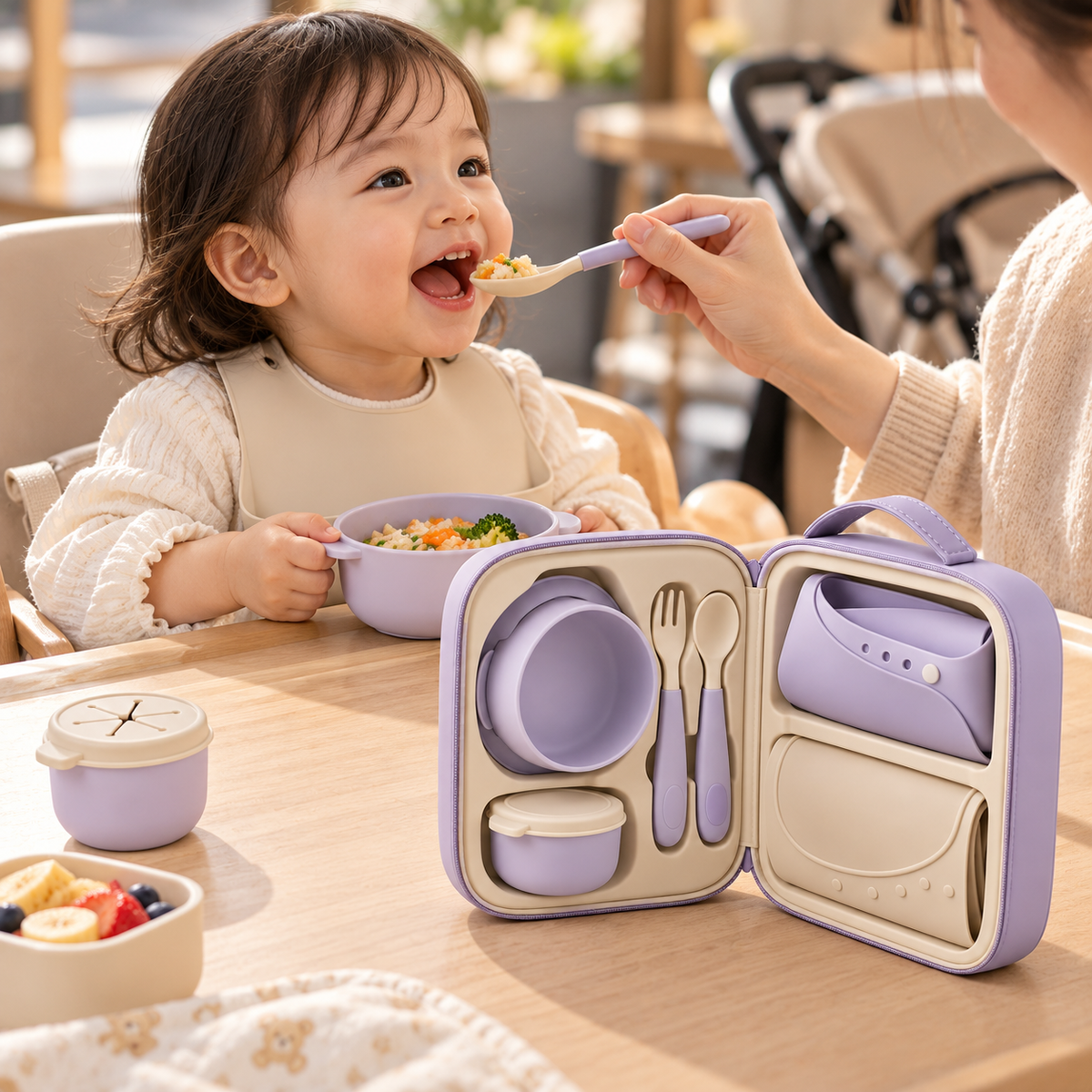 Portable Baby Feeding Travel Kit – All-in-One Mealtime Set with Zippered Carry Case