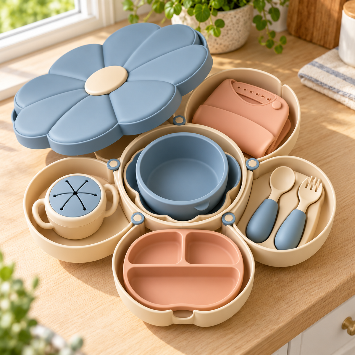 Blooming Flower Baby Feeding Set – All-in-One Portable Travel Dining Kit